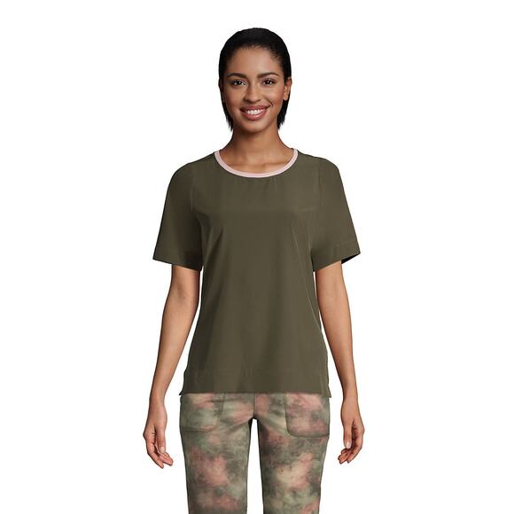 Lands' End Womens Top Sz M 10 12 Forest Moss Pink Elbow Sleeve 365 Tunic Green - Picture 1 of 14